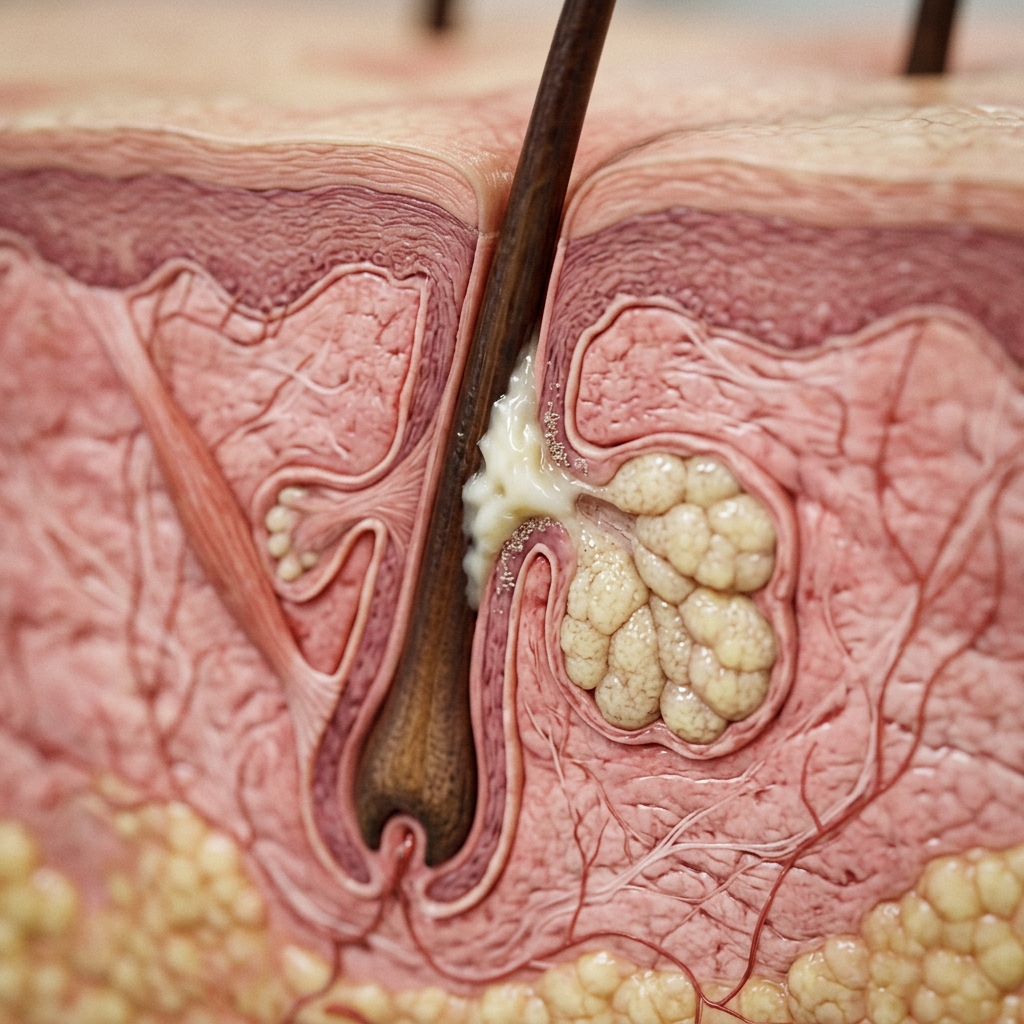 Cross-section medical illustration of a sebaceous gland and hair follicle showing excess sebum accumulation and bacterial proliferation triggered by anabolic steroids