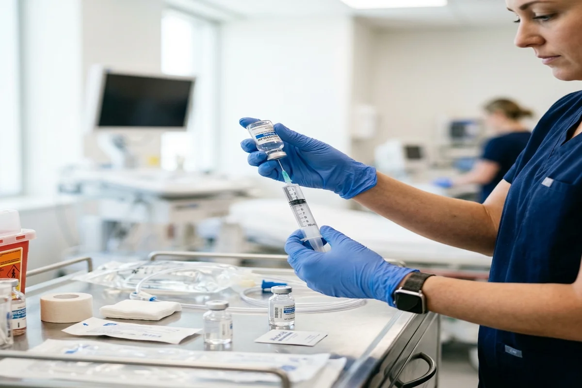 Healthcare professional in blue gloves preparing an IV hydrocortisone infusion in a modern hospital room for a patient with adrenal insufficiency