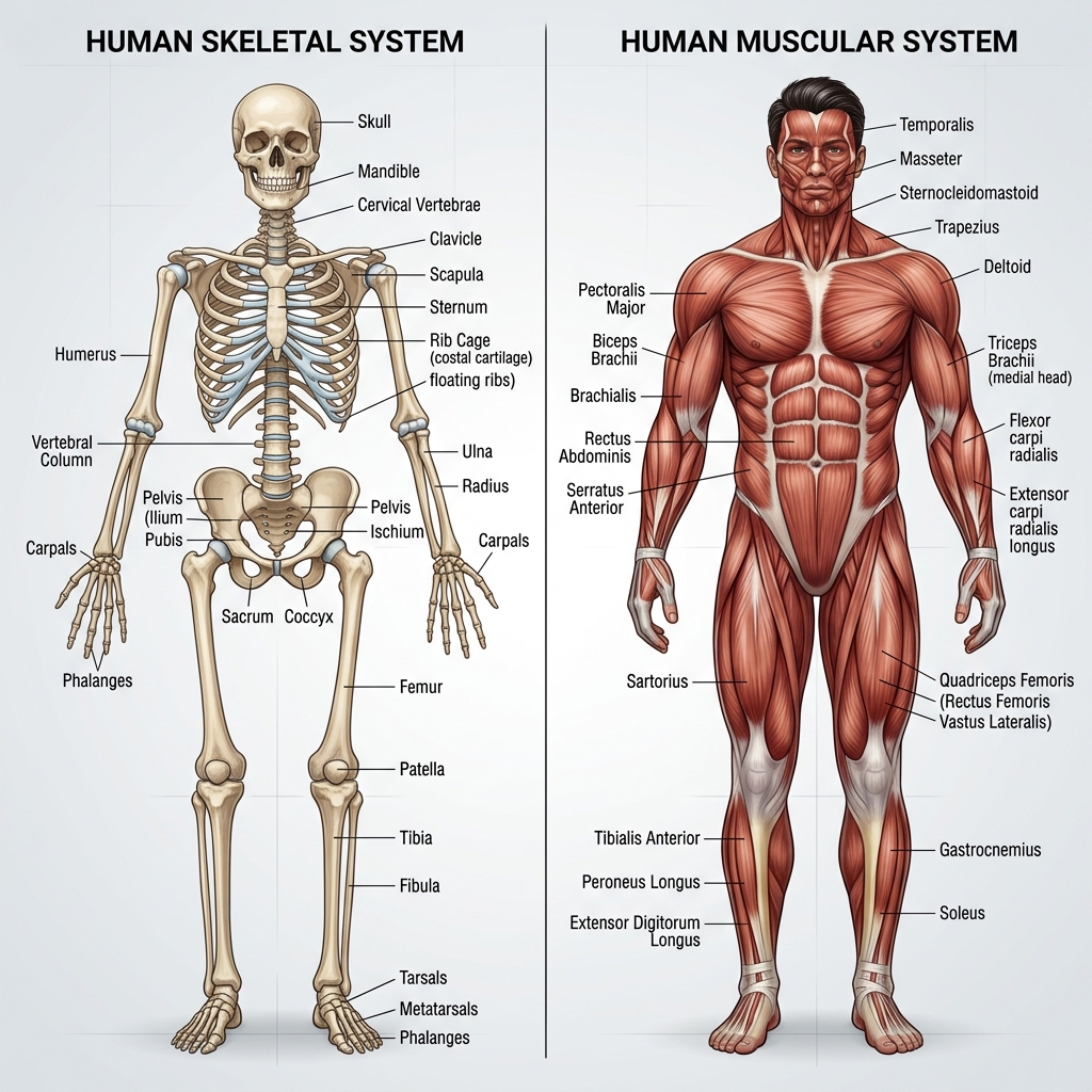 A split-screen visual concept showing a human skeletal structure on one side and healthy, developed muscle tissue on the other, highlighting anatomical limits