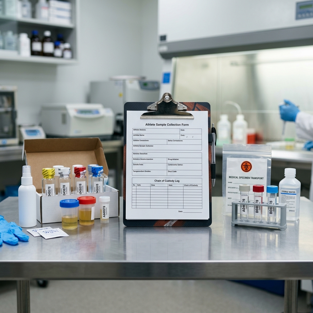 A clinical setup showing a medical testing kit, vials, and sports clipboard on a stainless steel table, representing an anti-doping laboratory testing environment