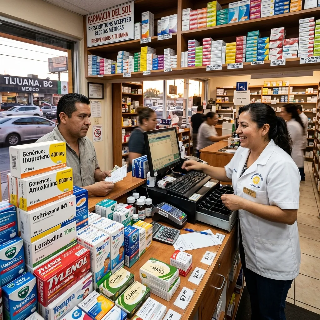 Mexican farmacia counter displaying medical products