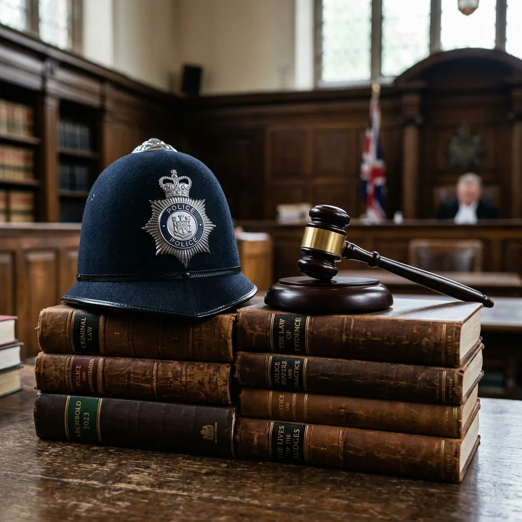 UK police helmet and court gavel on legal document