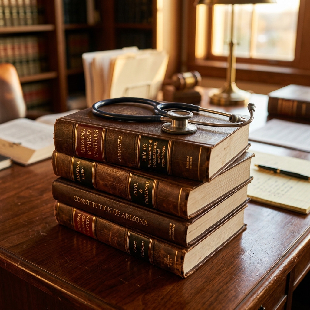 Arizona state law books and medical stethoscope