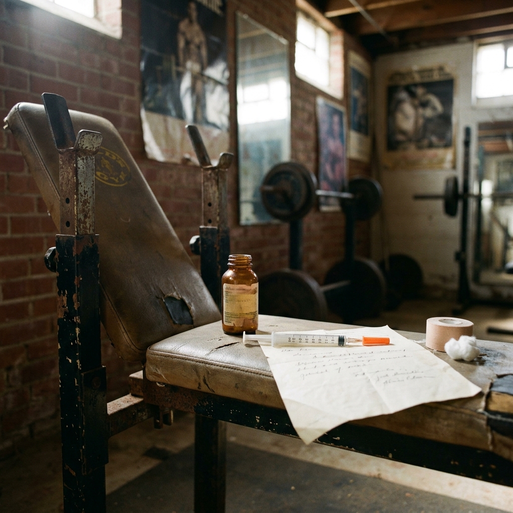 1970s Gold's Gym Venice Beach setting with vintage prescription bottle representing Dianabol and glass syringe, golden era bodybuilding context