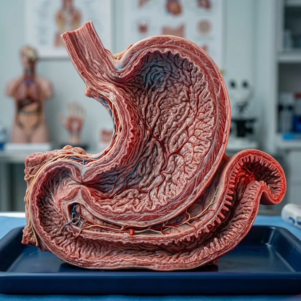 A detailed medical illustration of a human stomach highlighting the inner lining and gastrointestinal tract, illuminated with clinical light