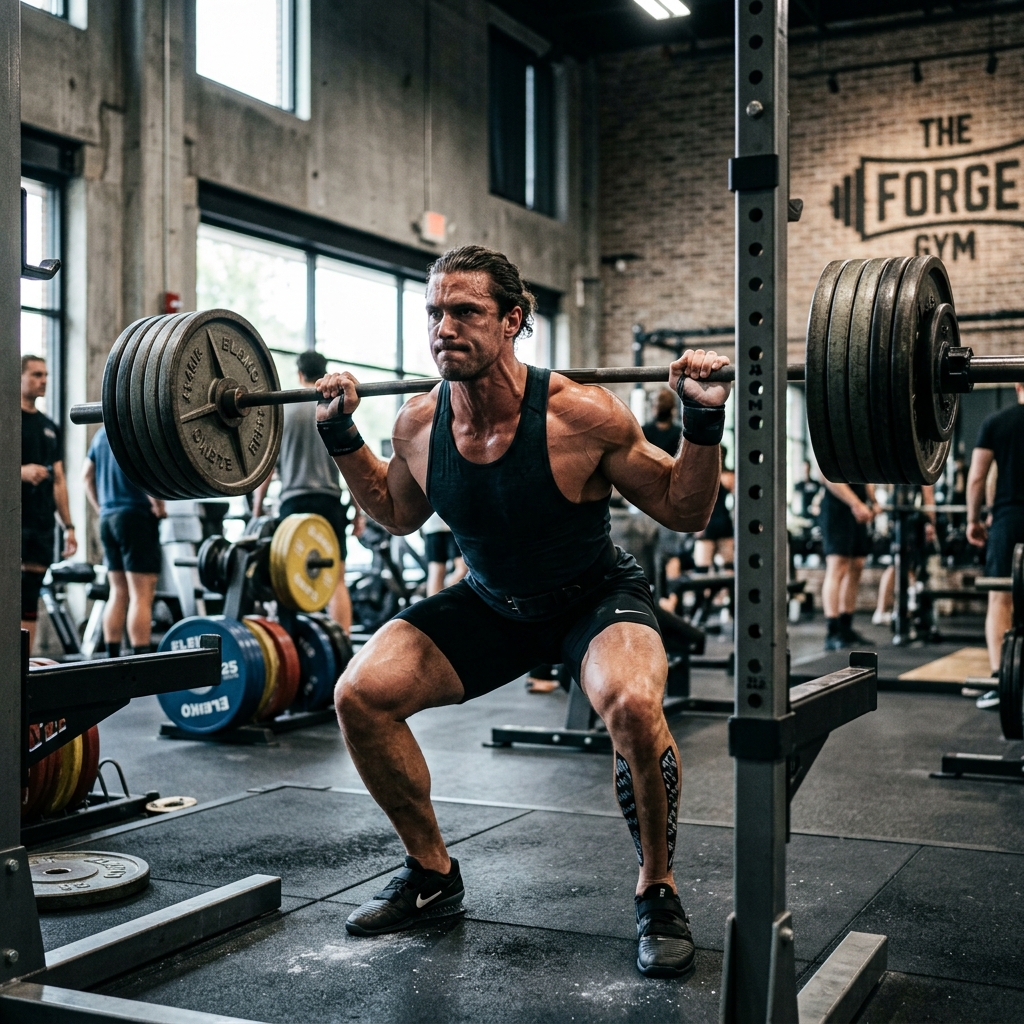 A tall, muscular athlete in a modern gym performing a heavy barbell squat