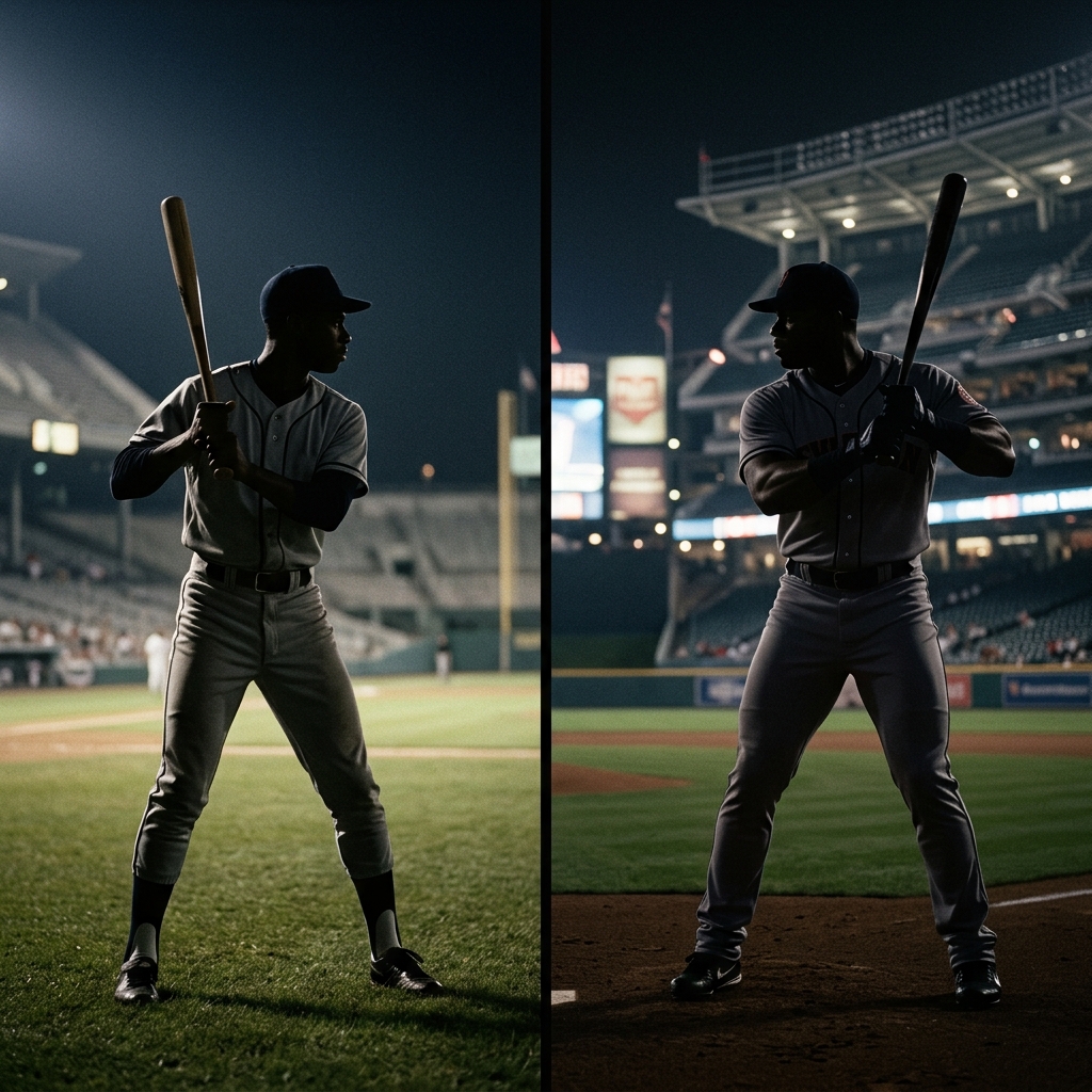 A split-panel comparison showing a lean athletic baseball player silhouette in a vintage 1990 uniform next to a visibly more muscular silhouette in a 2001 uniform
