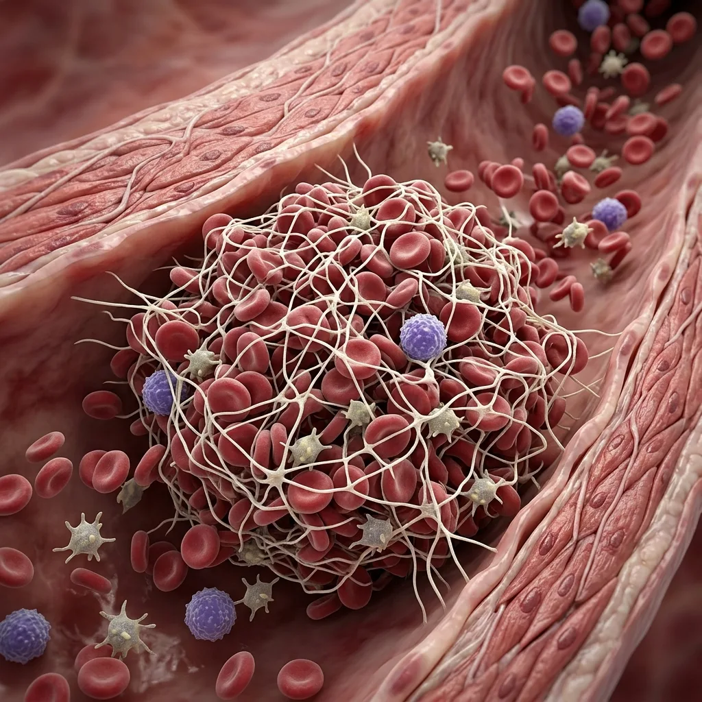 Realistic scientific 3D render of red blood cells and fibrin mesh forming a blood clot inside a blood vessel