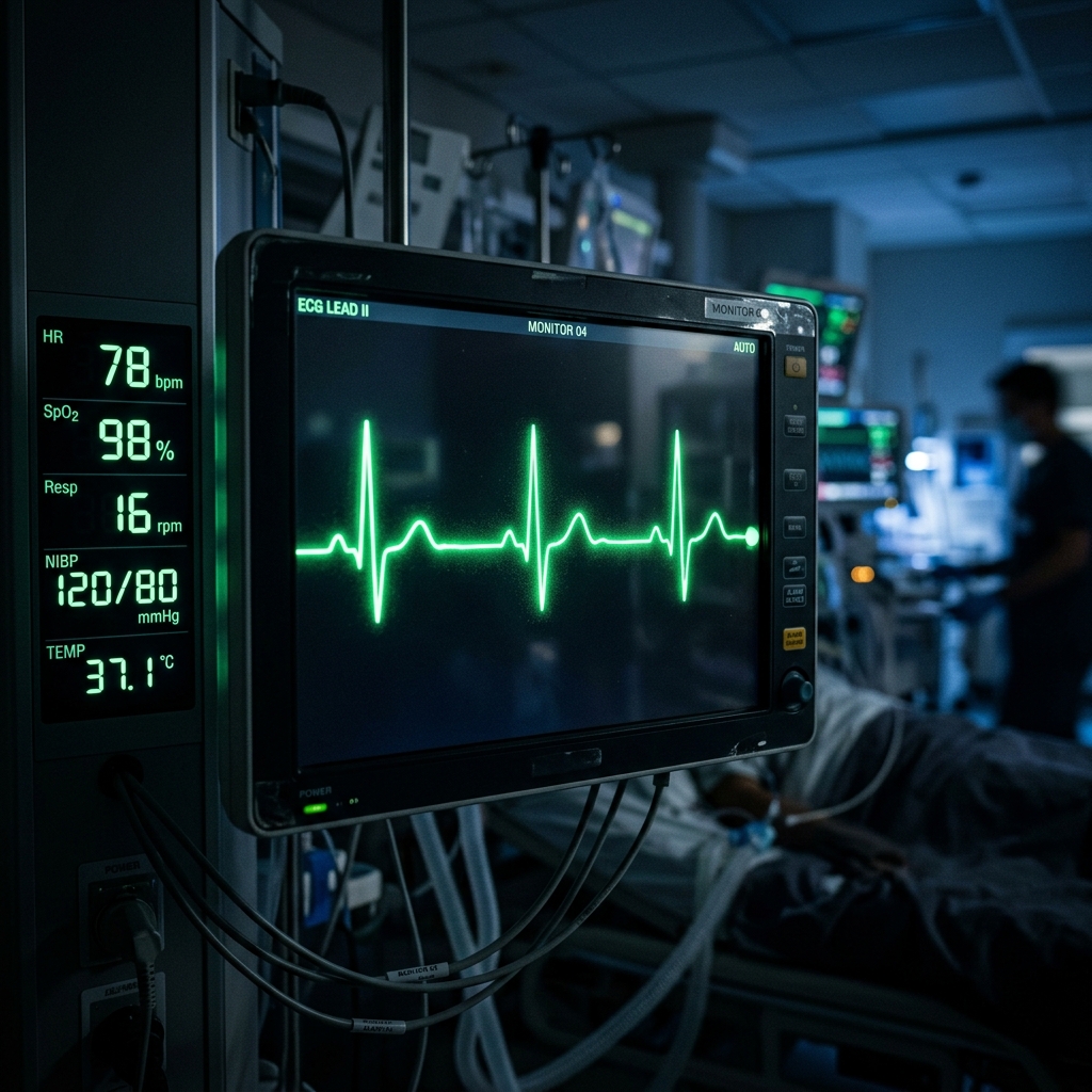 Digital blood pressure monitor showing elevated heart rate on a doctor's desk