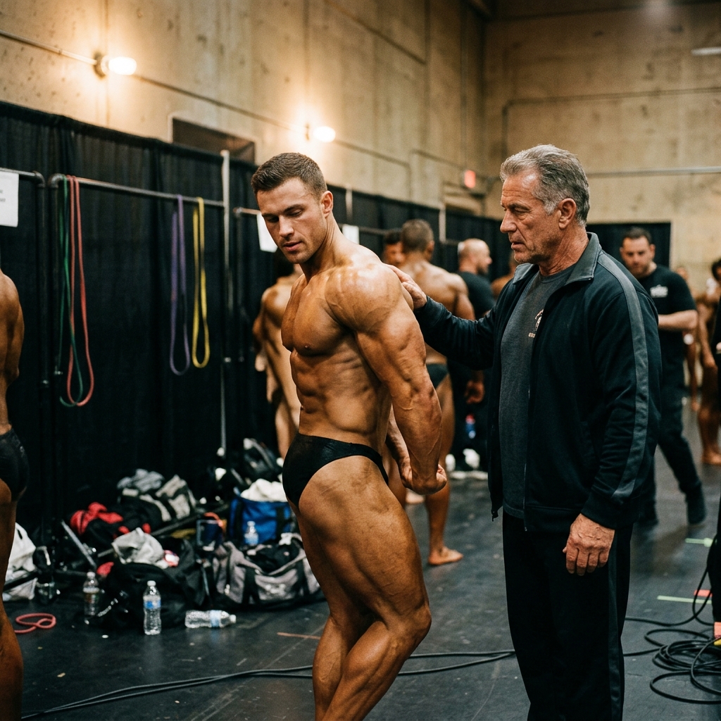 Professional bodybuilder reviewing blood test results with sports medicine doctor — illustrating medical monitoring in elite bodybuilding