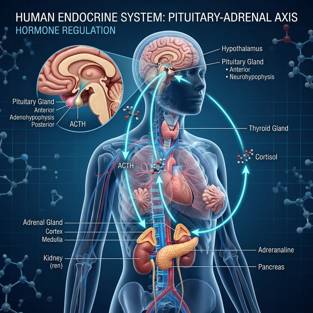 Scientific 3D render of the human endocrine system showing pituitary and adrenal glands, hormone regulation