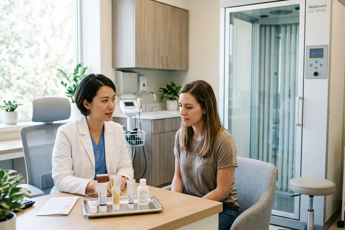 Comparison chart of non-steroid eczema treatment options in a dermatology clinical setting