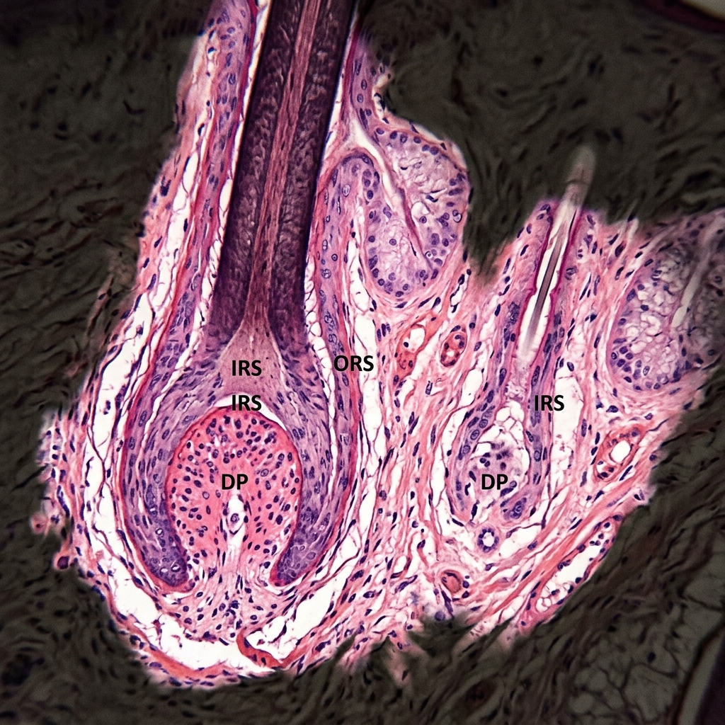 Microscopic cross-section showing a healthy terminal hair follicle beside a miniaturized vellus follicle, illustrating androgenic alopecia progression