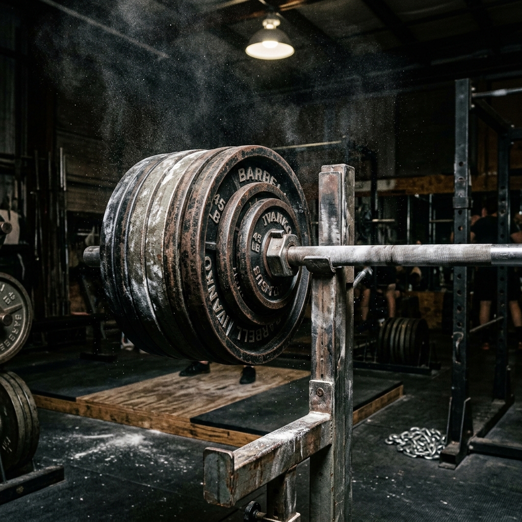 A close up of a massive barbell loaded with heavy iron plates in a rugged gym environment. Chalk dust in the air.