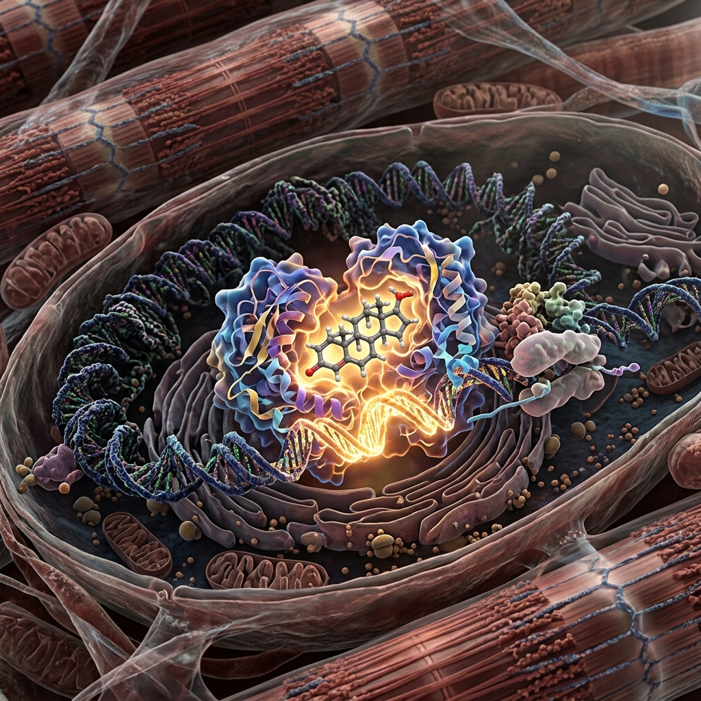 Detailed 3D biological illustration of human muscle tissue and a glowing androgen receptor activated by a selective molecule