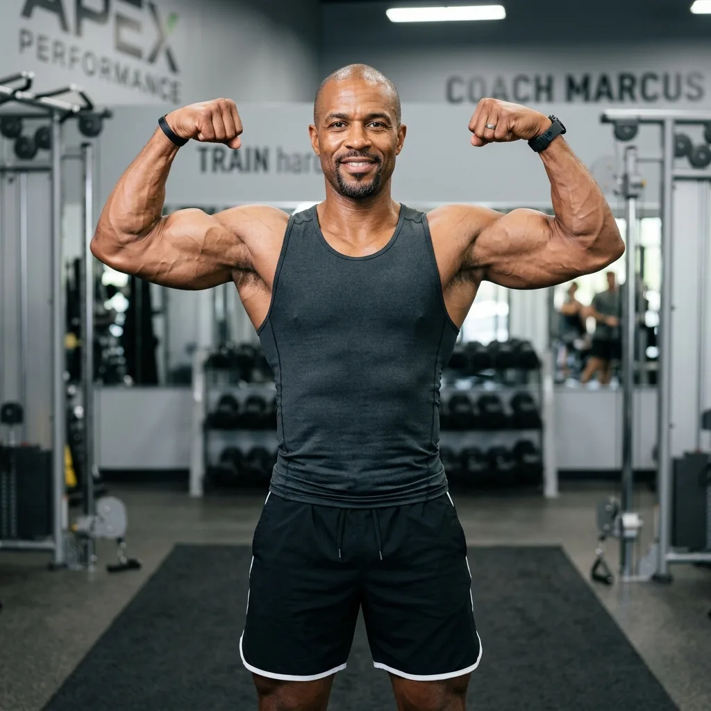 Professional studio portrait of an athletic fitness coach with muscular build showing biceps and shoulder definition