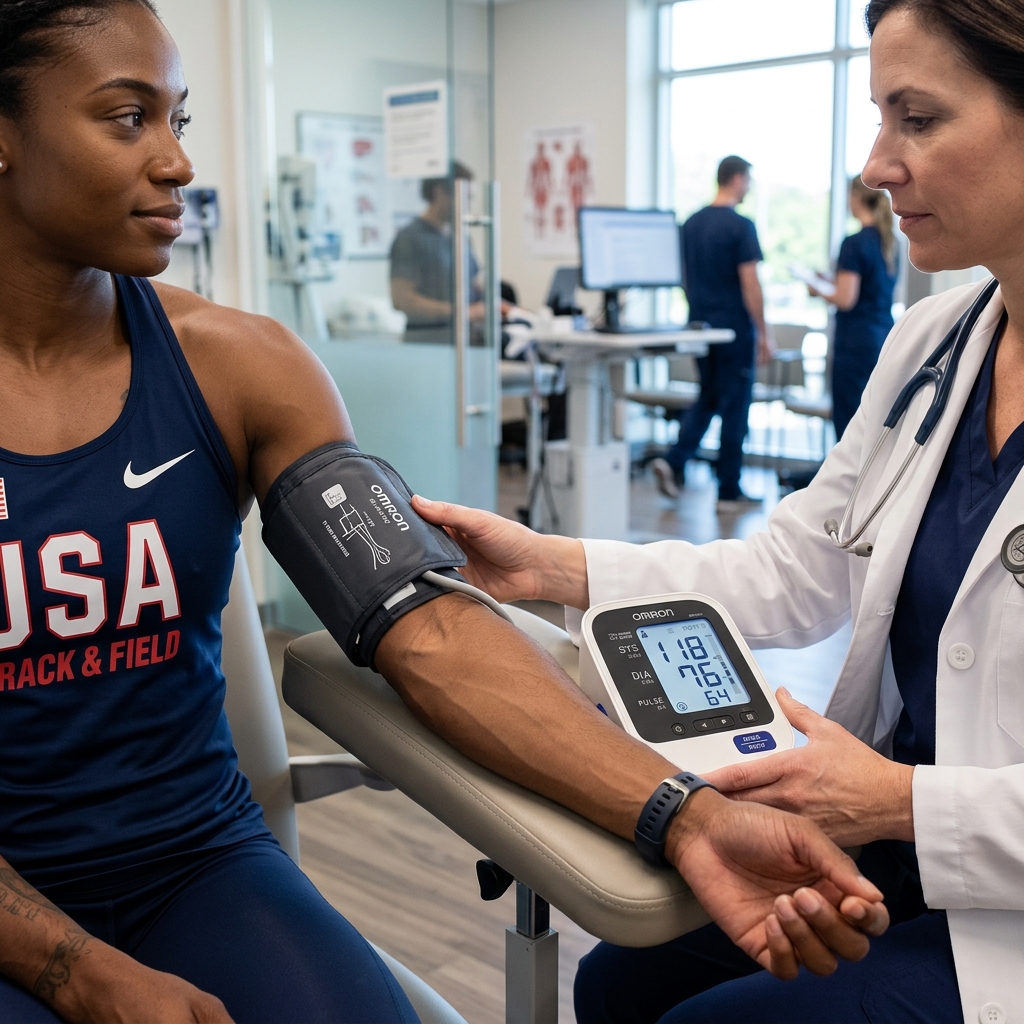 Larry Wheels health check with blood pressure monitor and medical professional