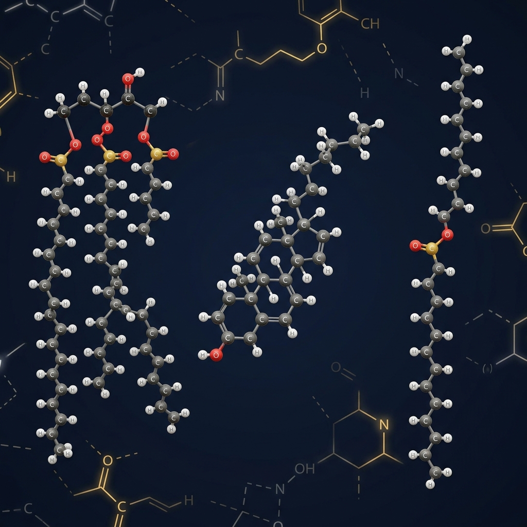 A detailed molecular visualization showing a triglyceride, a steroid skeleton, and a wax ester side by side