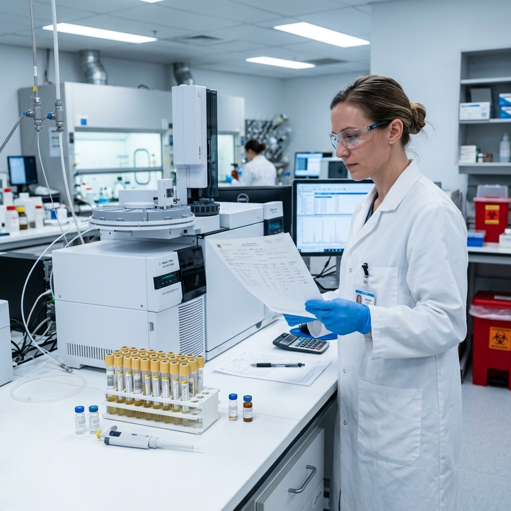 US Customs officer inspecting pharmaceutical vials at Mexico border crossing
