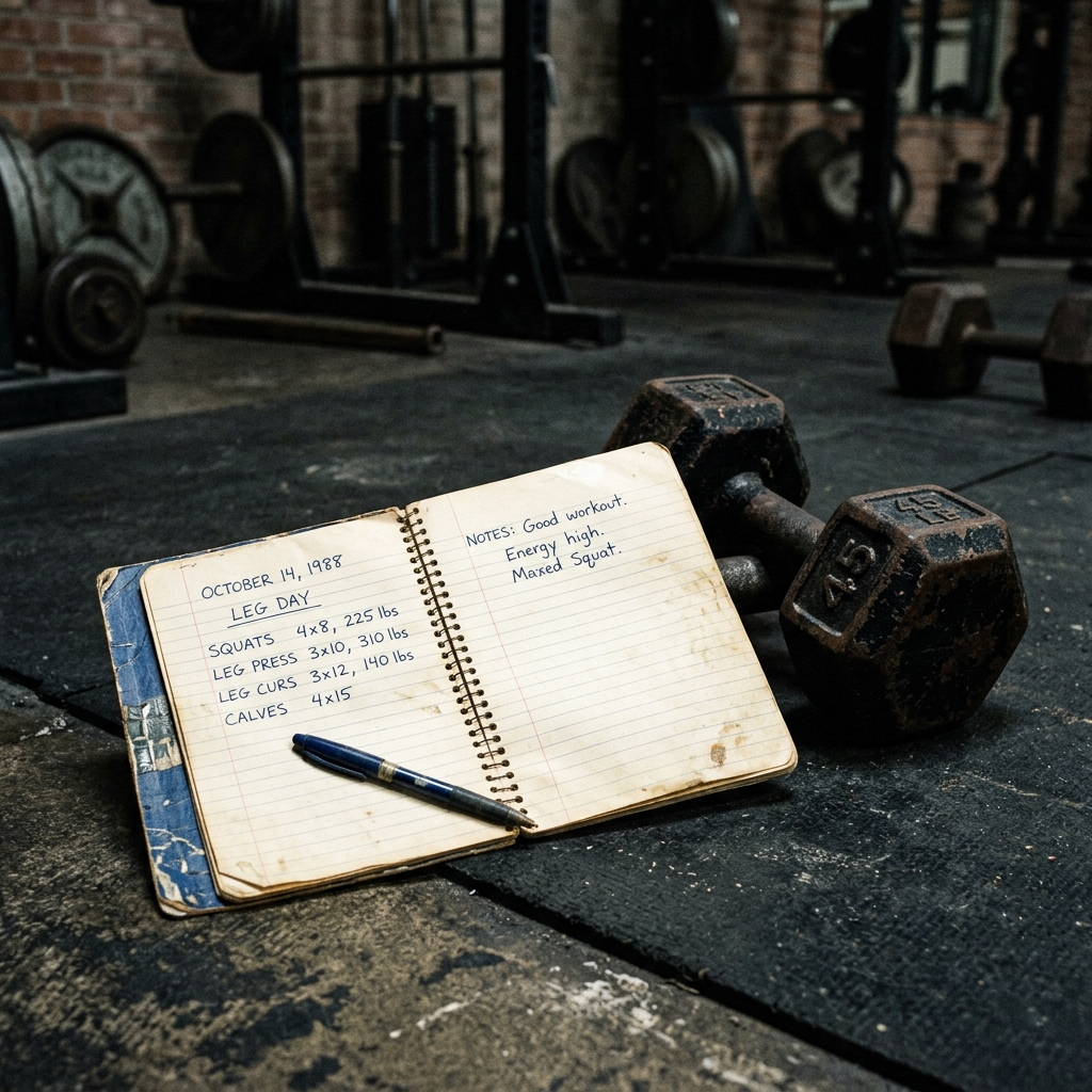 A vintage 1980s workout journal with a pen resting next to heavy metal dumbbells on a gym floor, symbolizing the meticulous planning of Heavy Duty training. Moody gym lighting. Documentary style, no text.