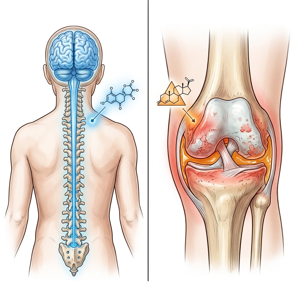 A split-frame illustration showing a diagram of the central nervous system on the left and an inflamed joint with a corticosteroid molecule symbol on the right