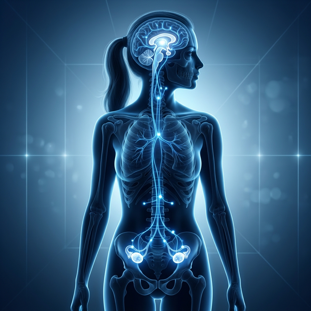 A detailed anatomical illustration of the female endocrine system showing the hypothalamus, pituitary gland, and ovaries as interconnected glowing nodes