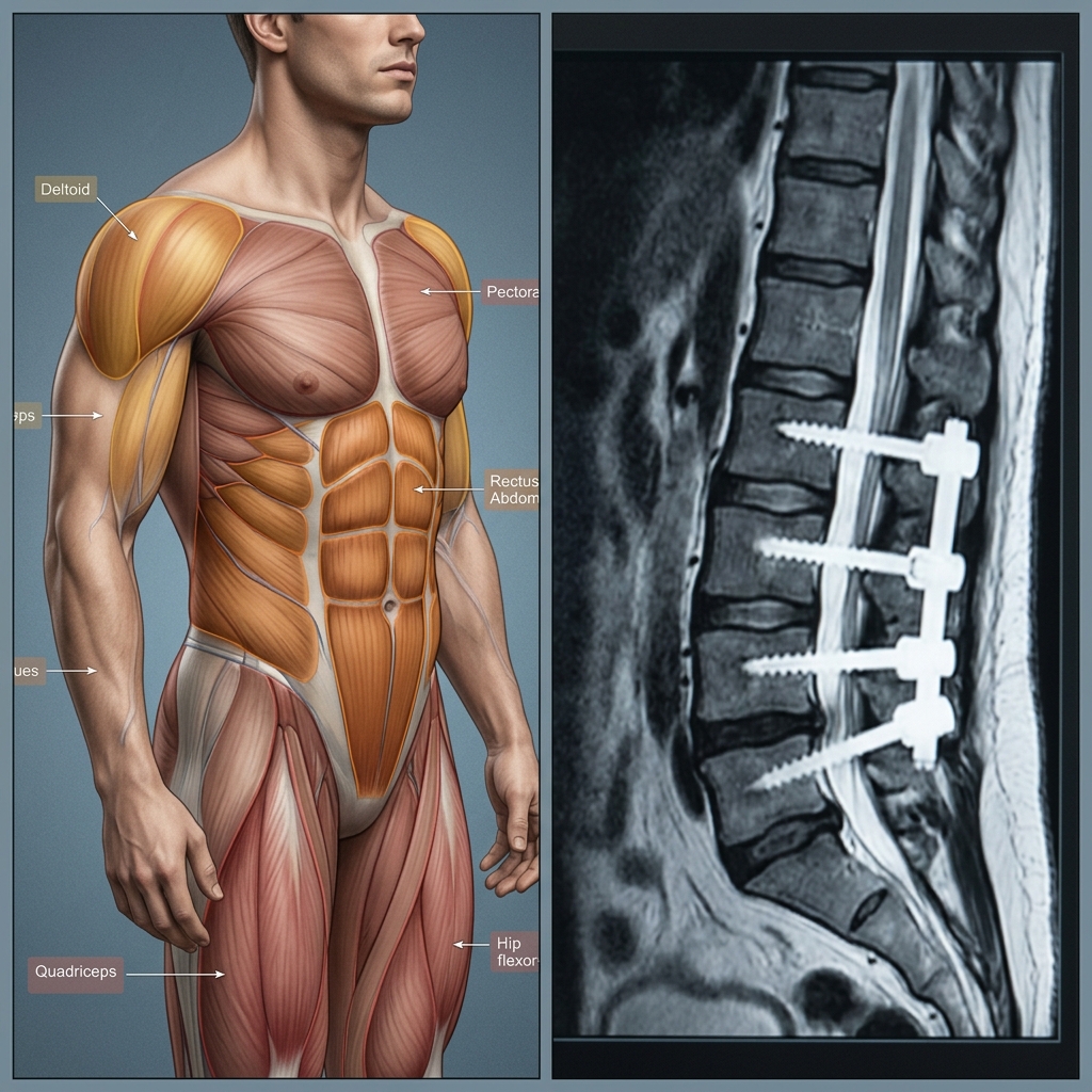 A clinical medical illustration split composition showing a muscular torso alongside a spinal X-ray with surgical hardware