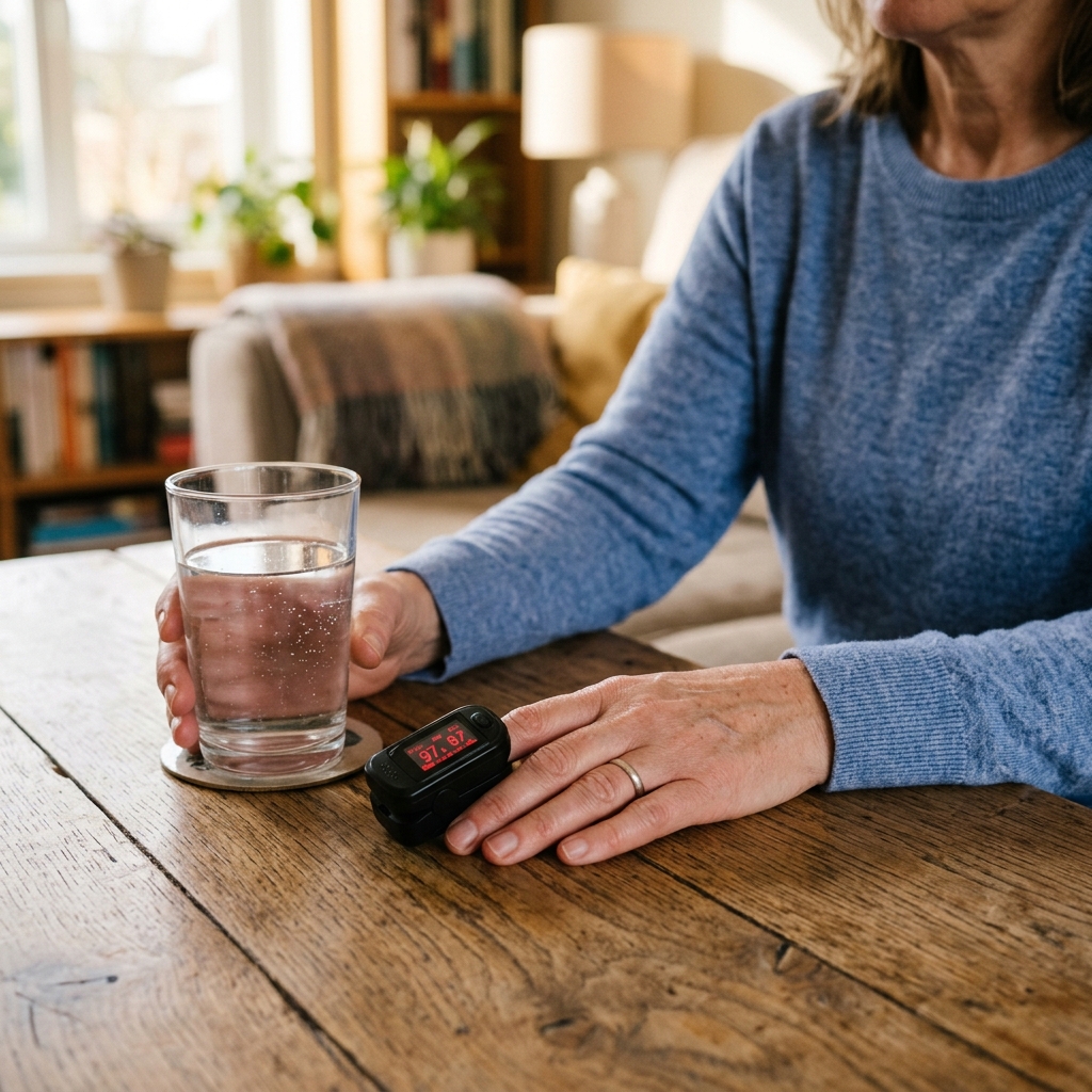 A patient's hand holding a glass of water resting on a table next to a pulse oximeter, symbolizing supportive care and hydration at home for RSV.