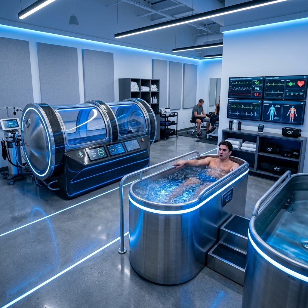 A pristine, high-tech sports recovery room featuring a modern hyperbaric chamber, ice baths, and advanced medical monitoring equipment under cool blue LED lighting
