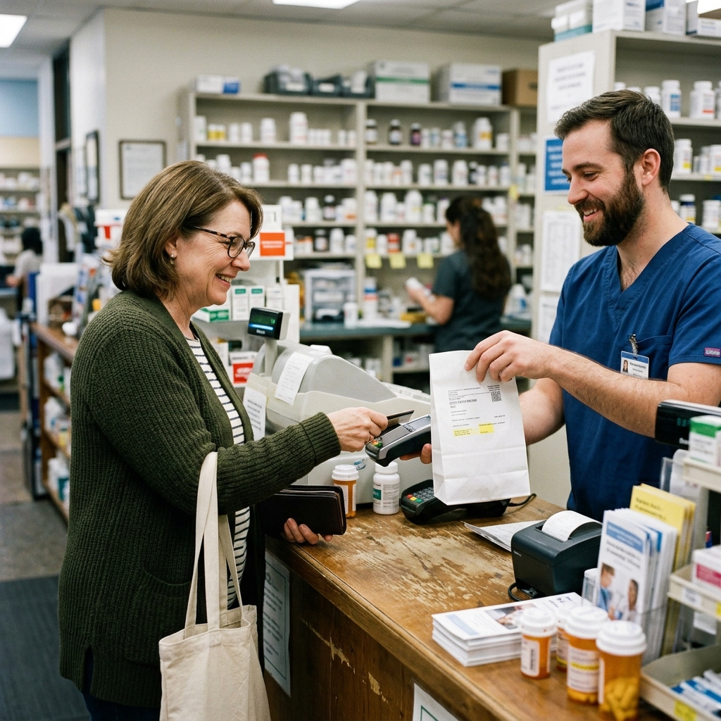 Patient at pharmacy counter reviewing a prescription cost breakdown for steroid medication next to bottles of corticosteroids and testosterone
