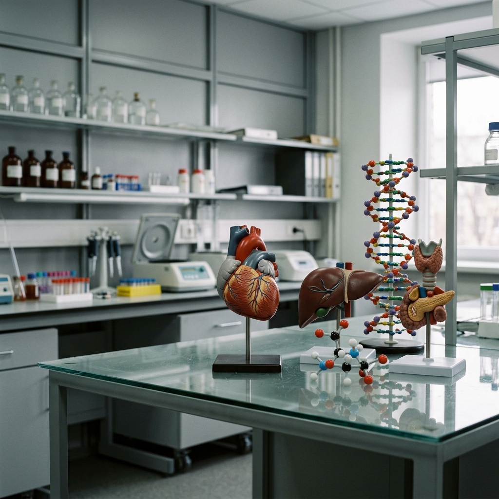 A clinical laboratory setting with a glass table displaying anatomical models of the human heart, liver, and endocrine glands arranged beside molecular structure models