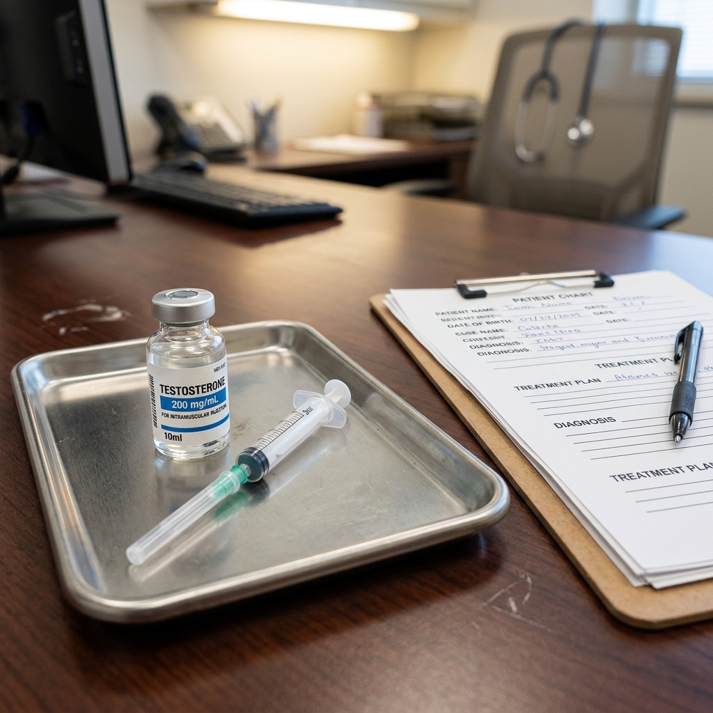 A clinical setup showing a medical tray with a testosterone vial and a syringe, resting next to a medical chart