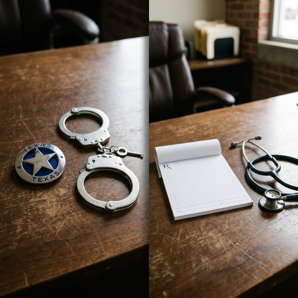 A split-composition showing on the left side a Texas law enforcement badge and a set of handcuffs on a table, and on the right side a doctor's prescription pad and a stethoscope