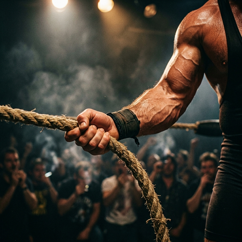 Muscular male forearm gripping wrestling ring rope in dramatic 1980s tungsten spotlight with crowd blurred in background, evoking the intensity of the Von Erich era in professional wrestling