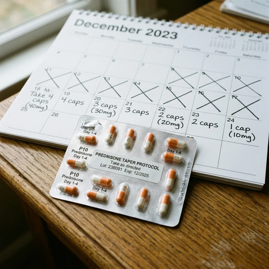 Medical capsules in blister pack representing steroid taper protocol