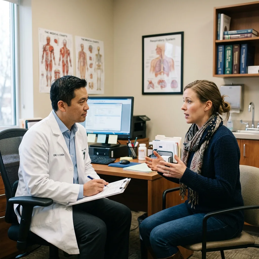 Patient explaining cough symptoms to doctor in clinic
