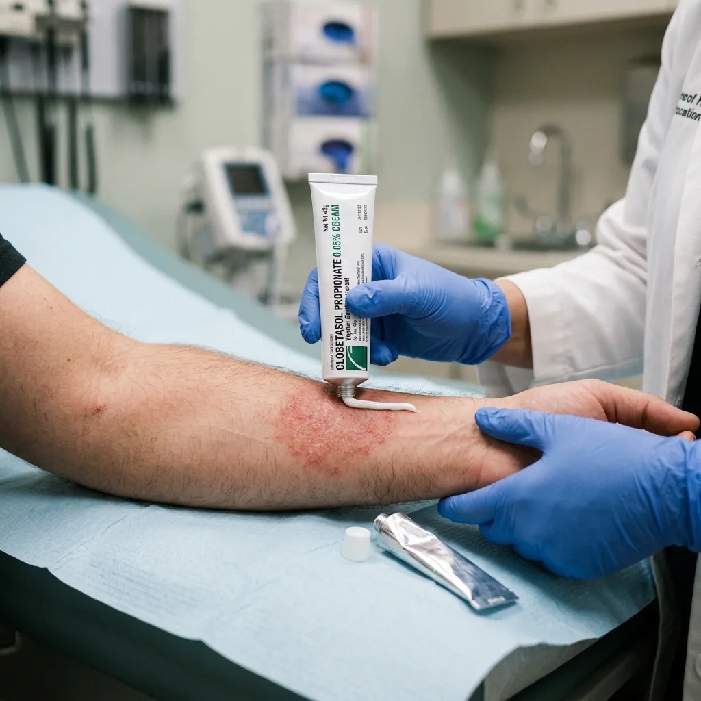 Topical steroid cream tube being applied to skin